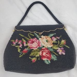 Vintage black beaded handbag with crochet floral